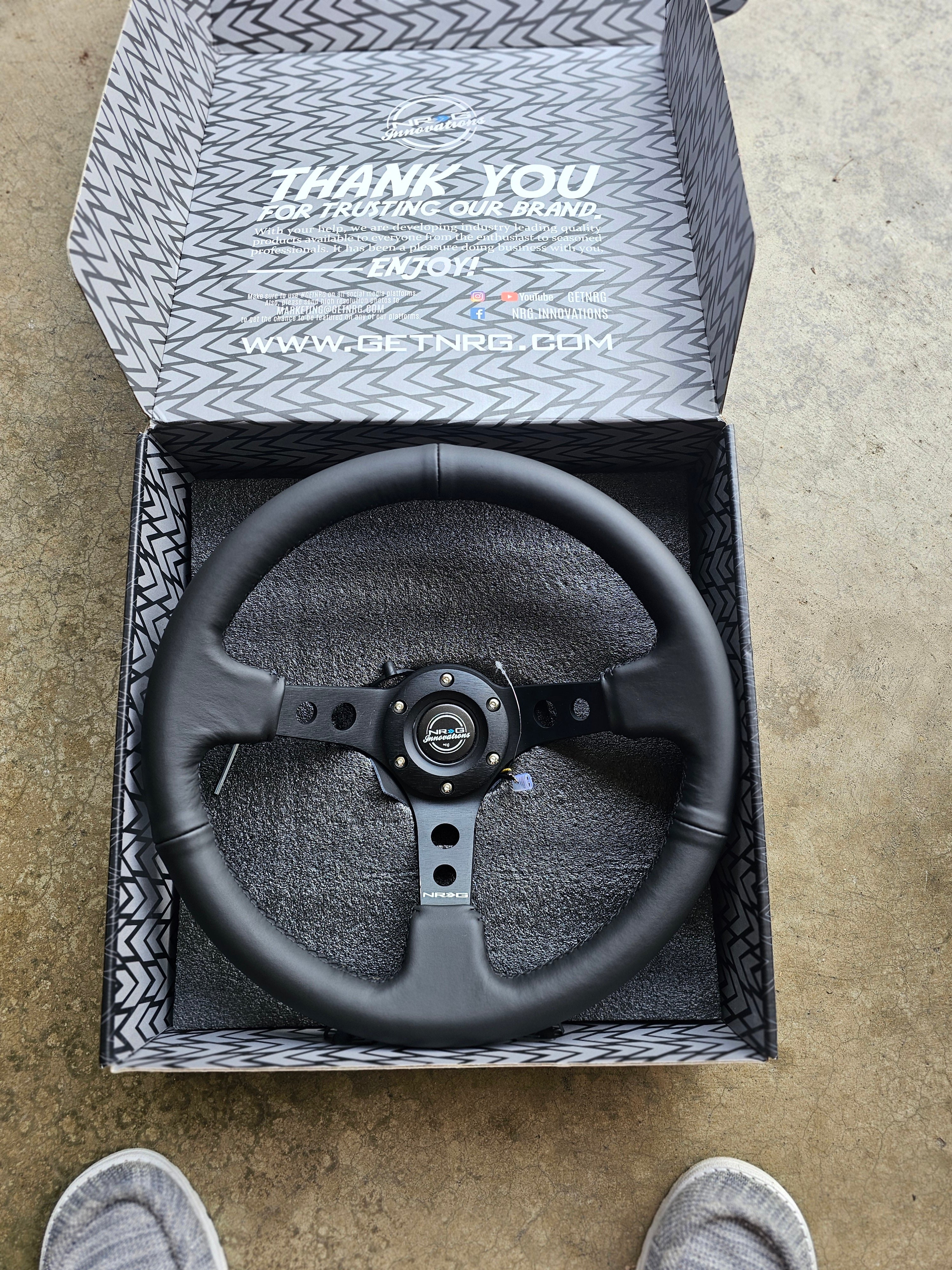 NRG Innovations Steering Wheel Black  Leather w/round holes 3" deep dish