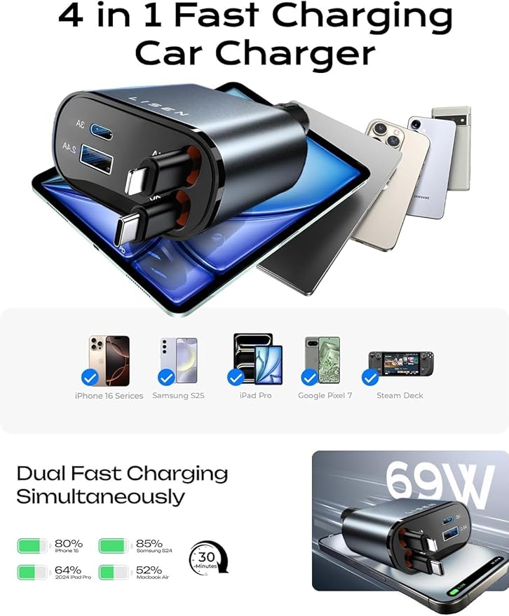 retractable charger 69W iphone/galaxy usb-C fast charger