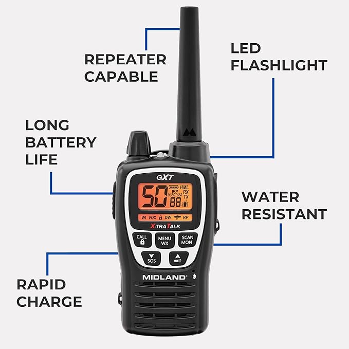 Midland GXT3000 portable radios long-range 50 channel repeater capable 142 privacy codes SOS noah
