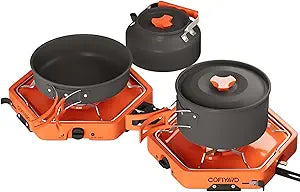 Propane 2-burner folding camp stove with cookware included