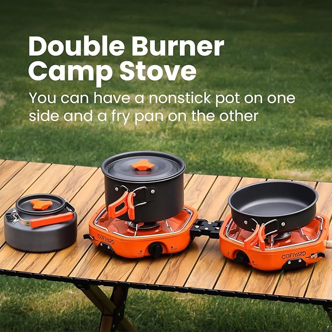 Propane 2-burner folding camp stove with cookware included