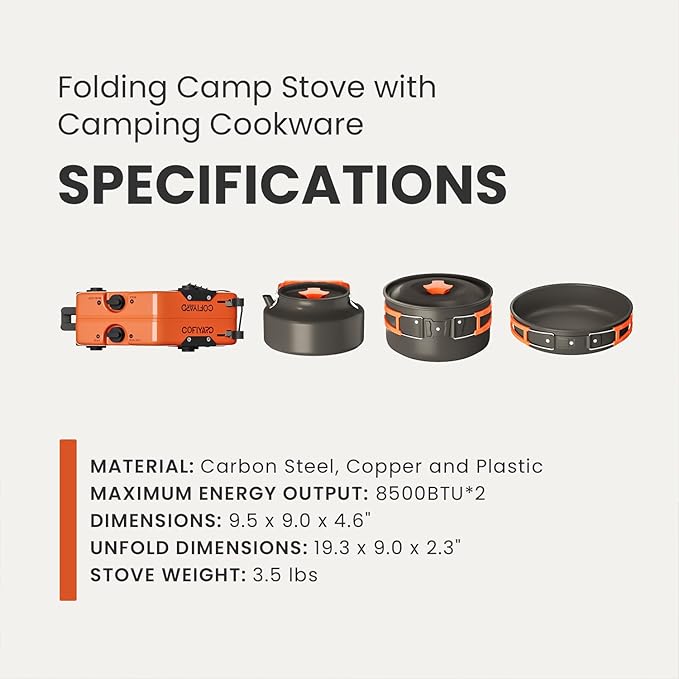 Propane 2-burner folding camp stove with cookware included